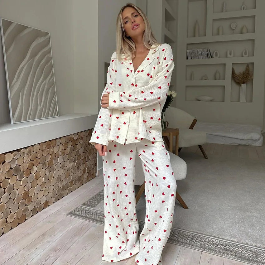 Baumwoll-Pyjama-Set mit Herzmuster – Langärmliges Schlafanzug-Set mit Knopfleiste
