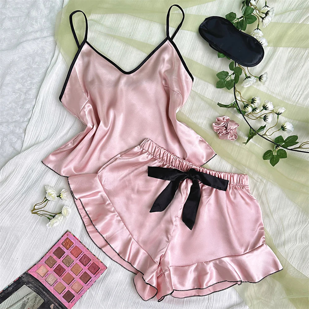 Satin-Pyjama-Set – V-Ausschnitt mit Rüschen & Shorts mit Schleife