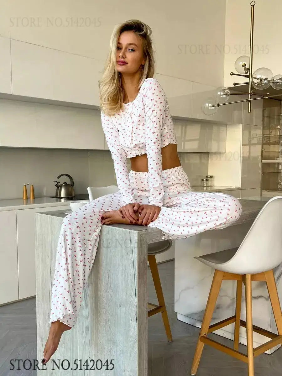 Damen-Pyjama-Set aus Feinstrick – Elegantes Homewear-Outfit mit Print und Schleifendetail