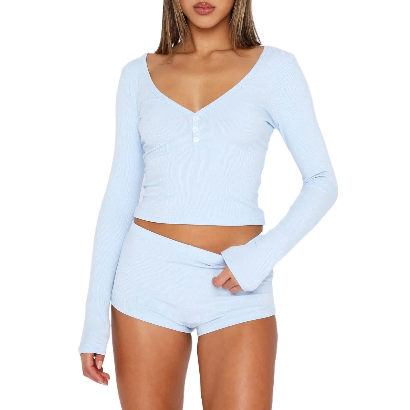 Tief ausgeschnittenes V-Ausschnitt-Set – Langarm-Top & Ultra-Shorts im 2er-Pack