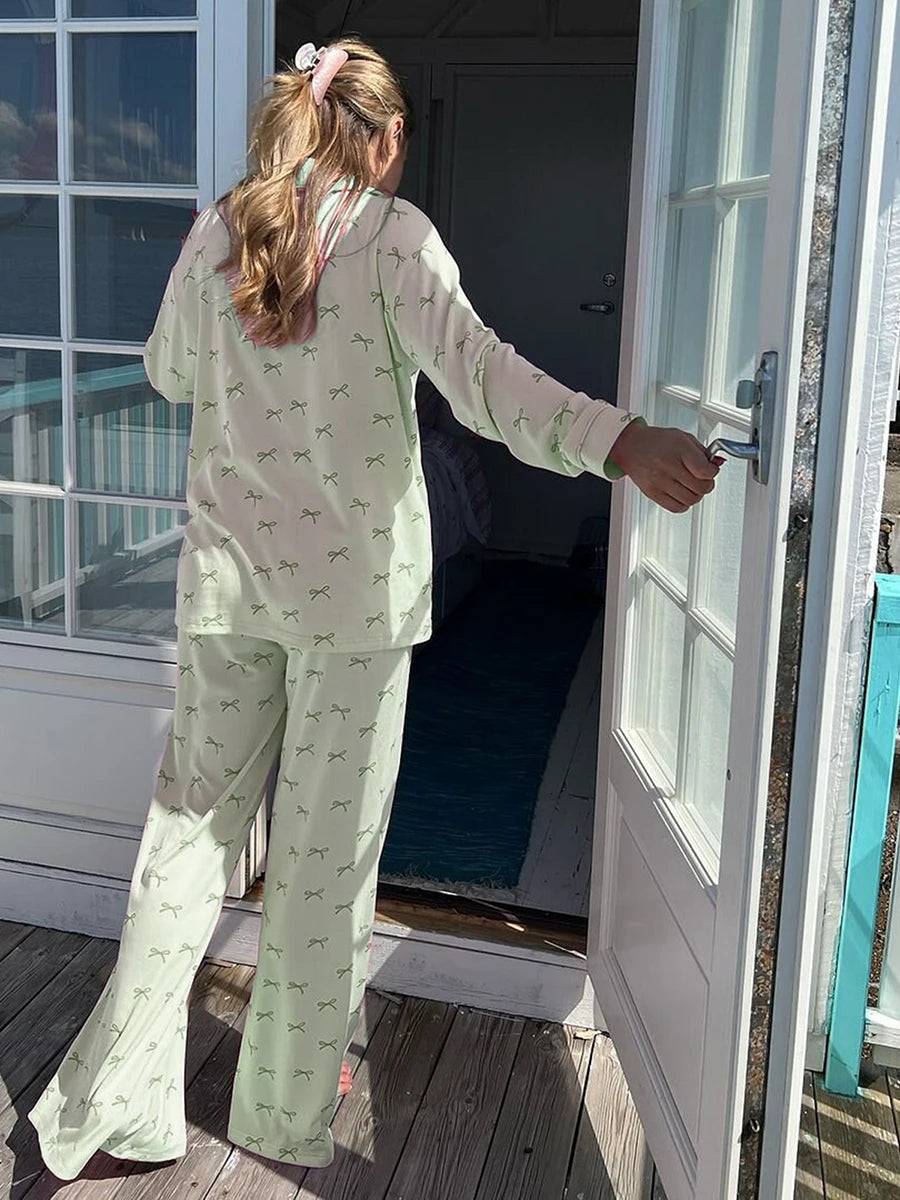 Schleifen-Print-Pyjama-Set – Langarmshirt & Hose (2-teiliges Schlafanzug-Set)