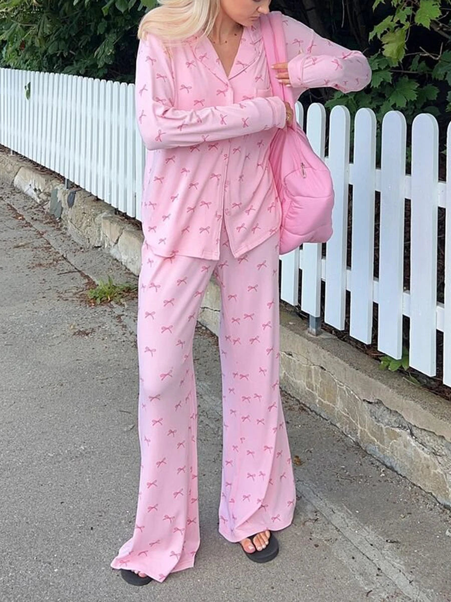 Schleifen-Print-Pyjama-Set – Langarmshirt & Hose (2-teiliges Schlafanzug-Set)