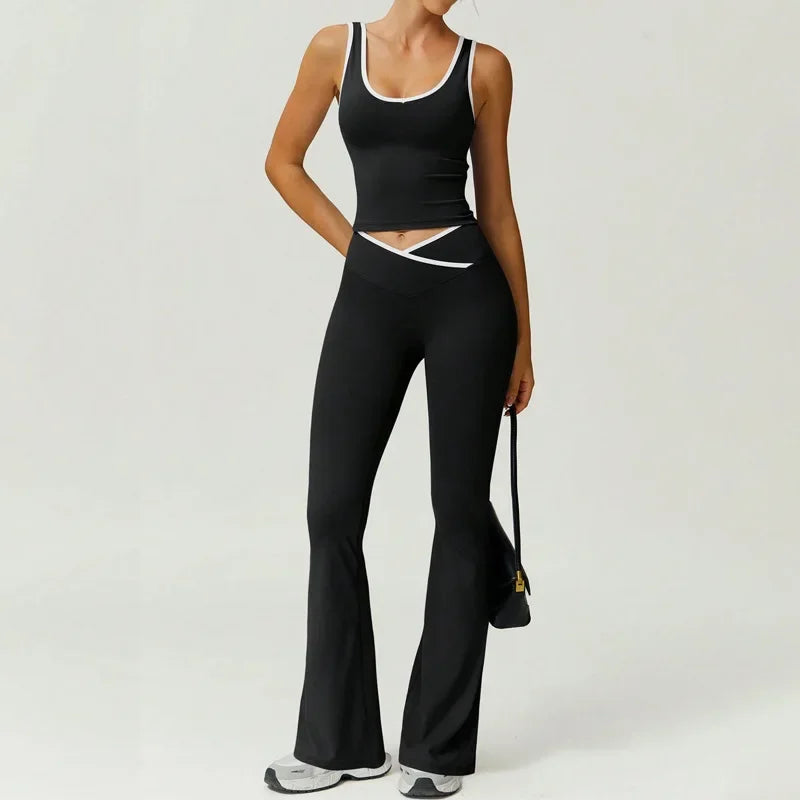 Zweiteiliges Yoga-Set mit Color-Block – Figurformendes Sportoutfit mit Cross-Back-Top
