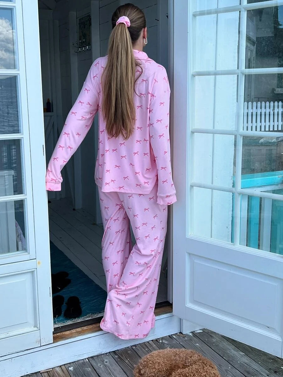 Schleifen-Print-Pyjama-Set – Langarmshirt & Hose (2-teiliges Schlafanzug-Set)