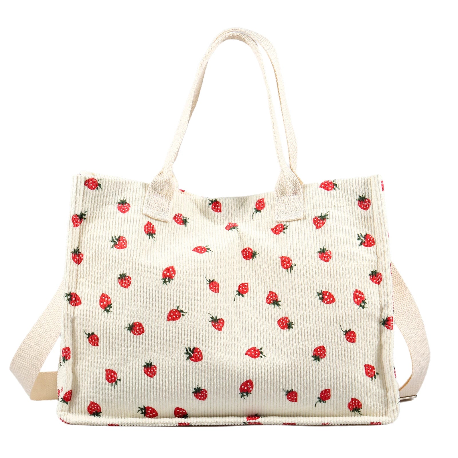 Stoff Tote Bag für Damen – Große Umhängetasche mit Erdbeer-Patch & Verstellbarem Schulterriemen