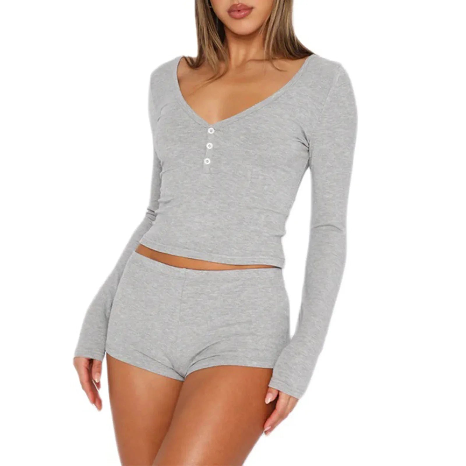 Tief ausgeschnittenes V-Ausschnitt-Set – Langarm-Top & Ultra-Shorts im 2er-Pack