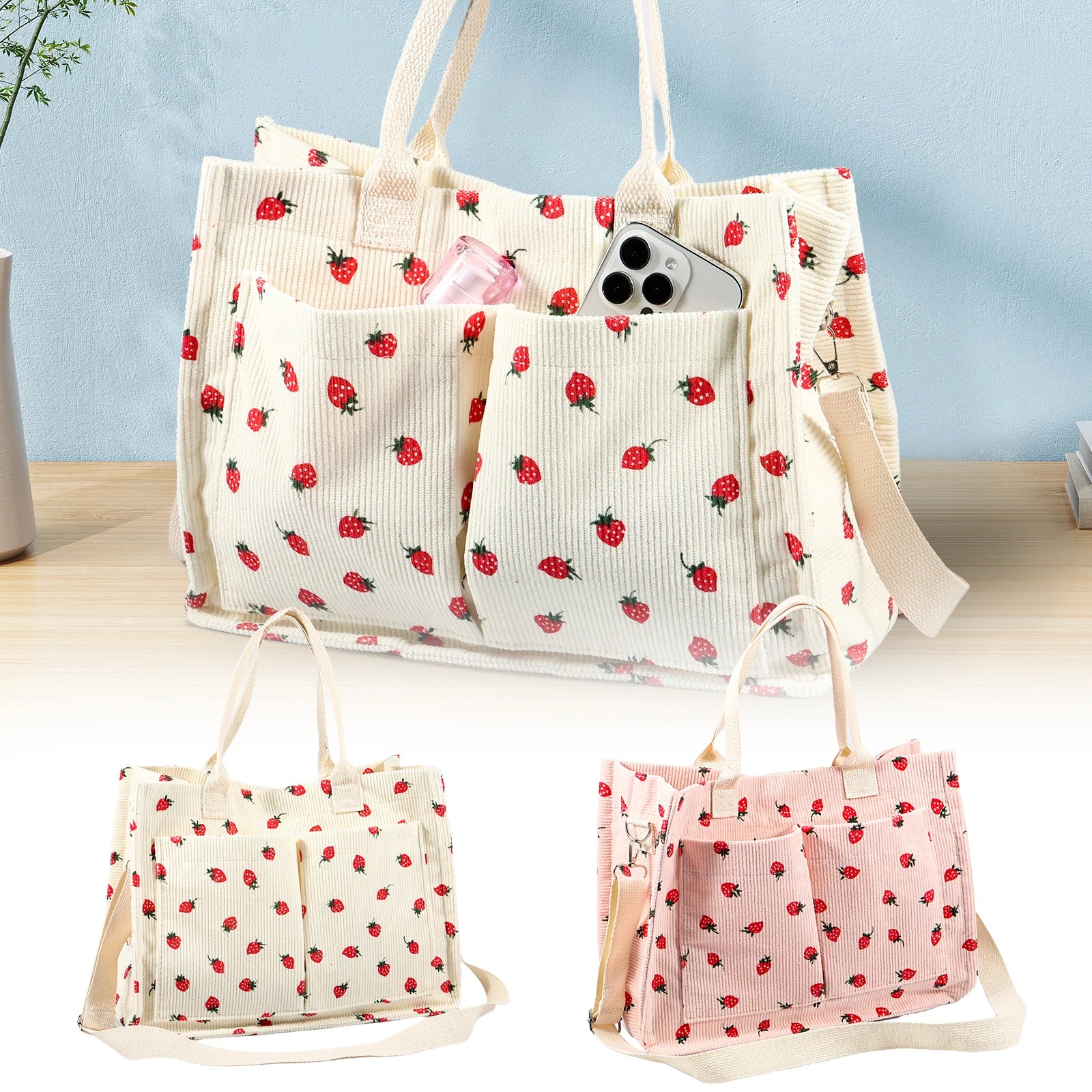 Stoff Tote Bag für Damen – Große Umhängetasche mit Erdbeer-Patch & Verstellbarem Schulterriemen