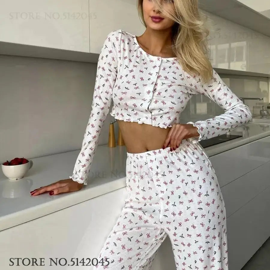 Damen-Pyjama-Set aus Feinstrick – Elegantes Homewear-Outfit mit Print und Schleifendetail