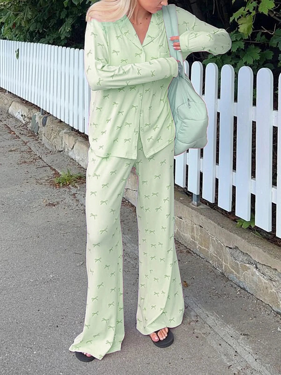 Schleifen-Print-Pyjama-Set – Langarmshirt & Hose (2-teiliges Schlafanzug-Set)