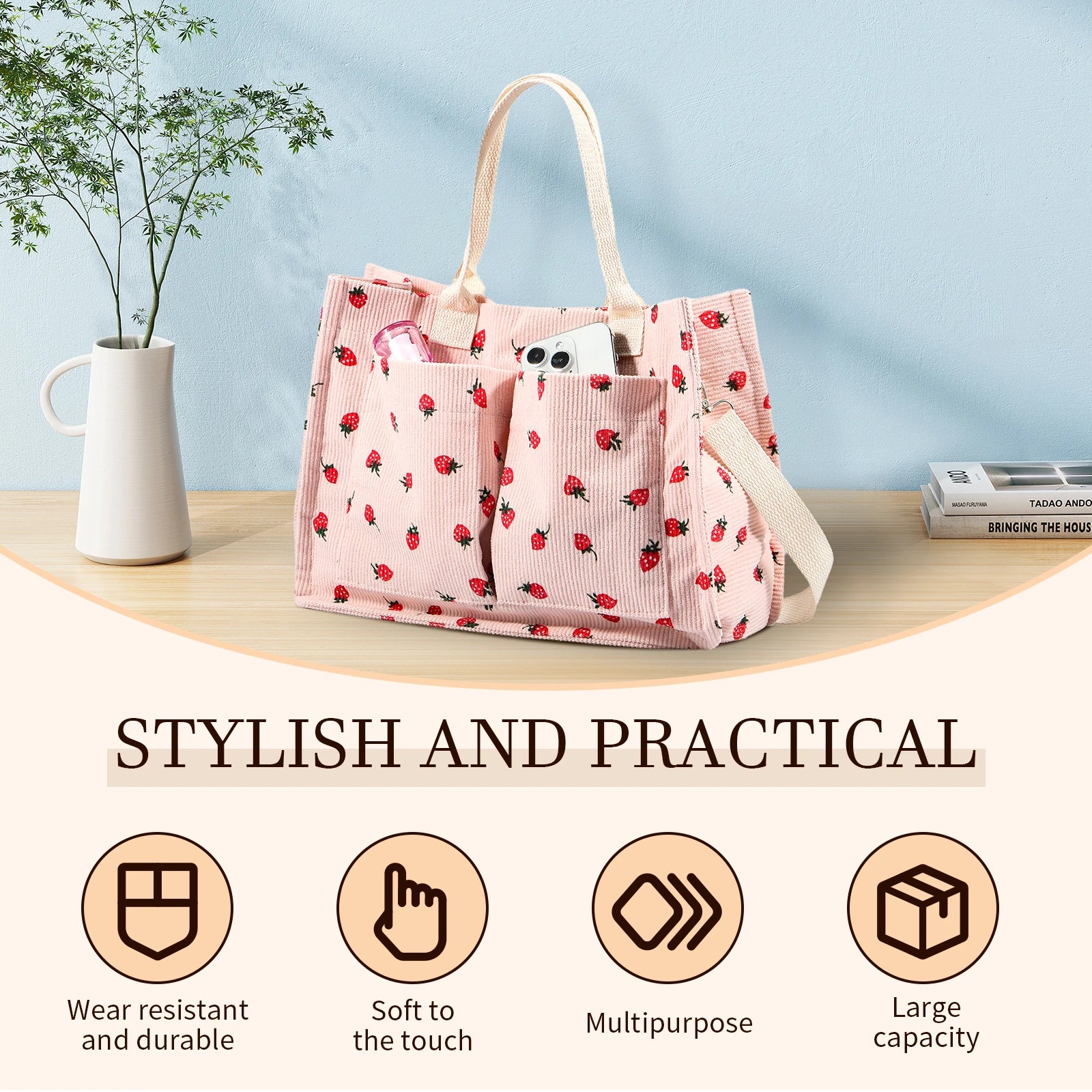 Stoff Tote Bag für Damen – Große Umhängetasche mit Erdbeer-Patch & Verstellbarem Schulterriemen