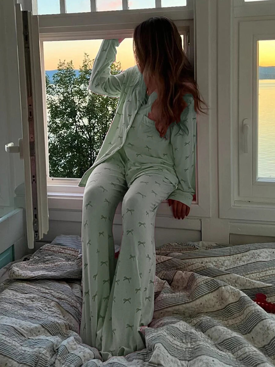 Schleifen-Print-Pyjama-Set – Langarmshirt & Hose (2-teiliges Schlafanzug-Set)