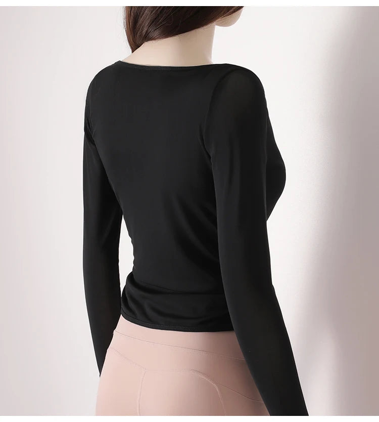 Honeycomb Mesh Langarmshirt – Atmungsaktives Pilates-Top mit Taillenformung
