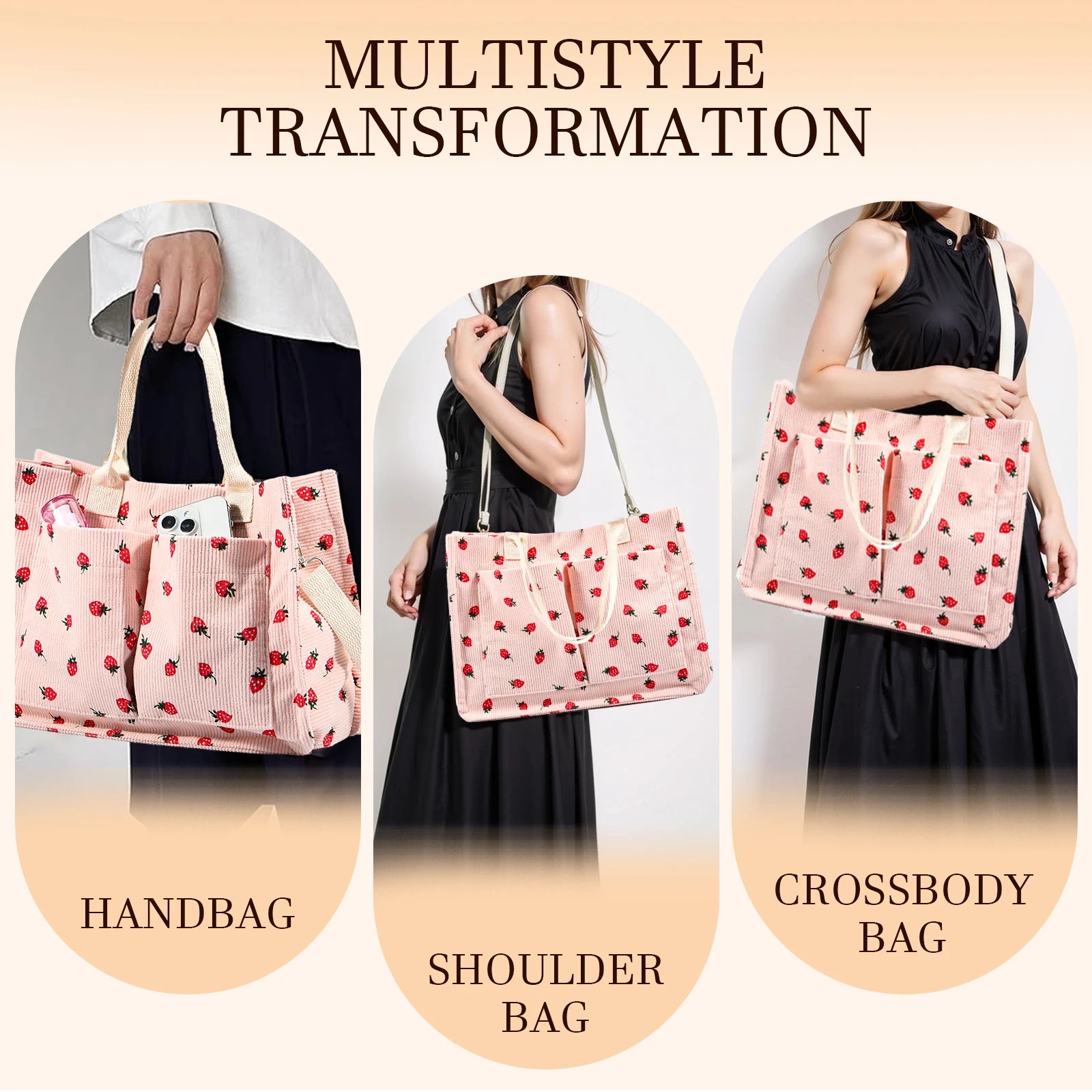 Stoff Tote Bag für Damen – Große Umhängetasche mit Erdbeer-Patch & Verstellbarem Schulterriemen