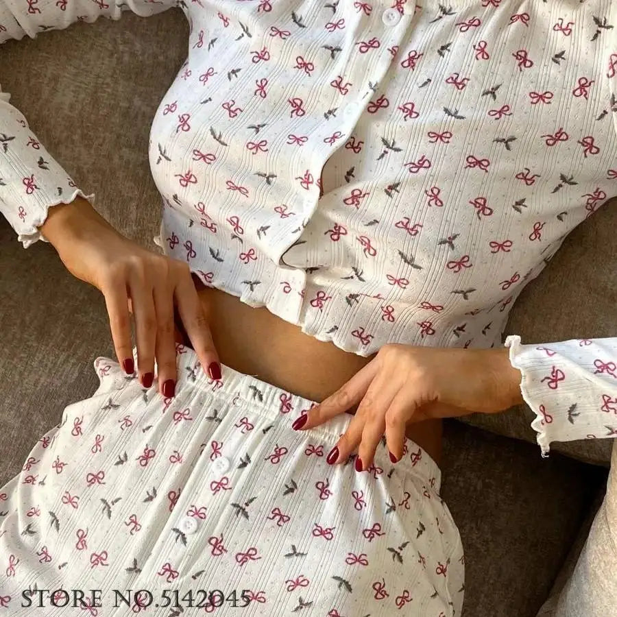 Damen-Pyjama-Set aus Feinstrick – Elegantes Homewear-Outfit mit Print und Schleifendetail
