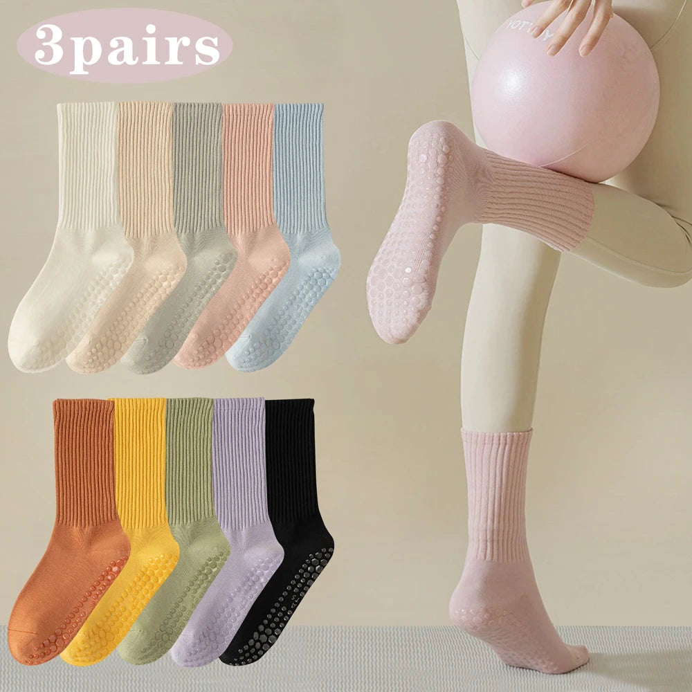 3er-Pack Rutschfeste Yoga-Socken – Mittellange Baumwollsocken mit Grip