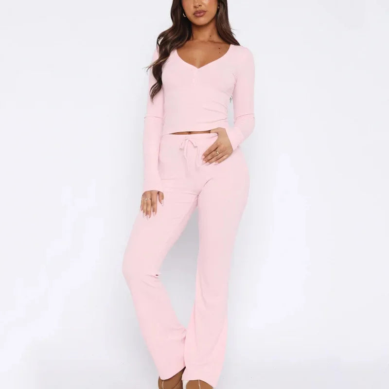 Zweiteiliges Button-Up Set – Figurbetontes Langarmtop & Passende Hose