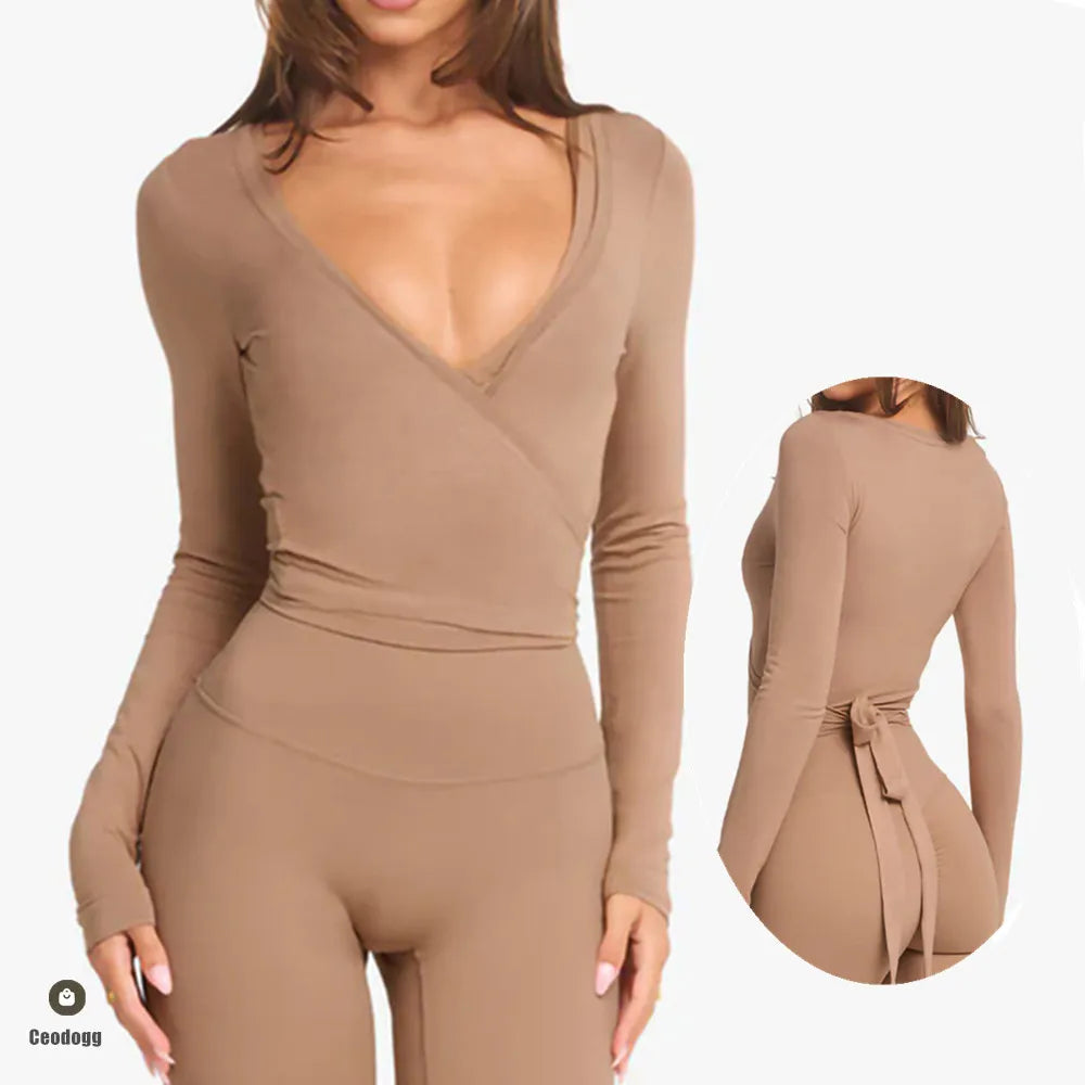 Cross-Wrap Ballet Crop Top – Elegantes Langarm-Yoga-Oberteil