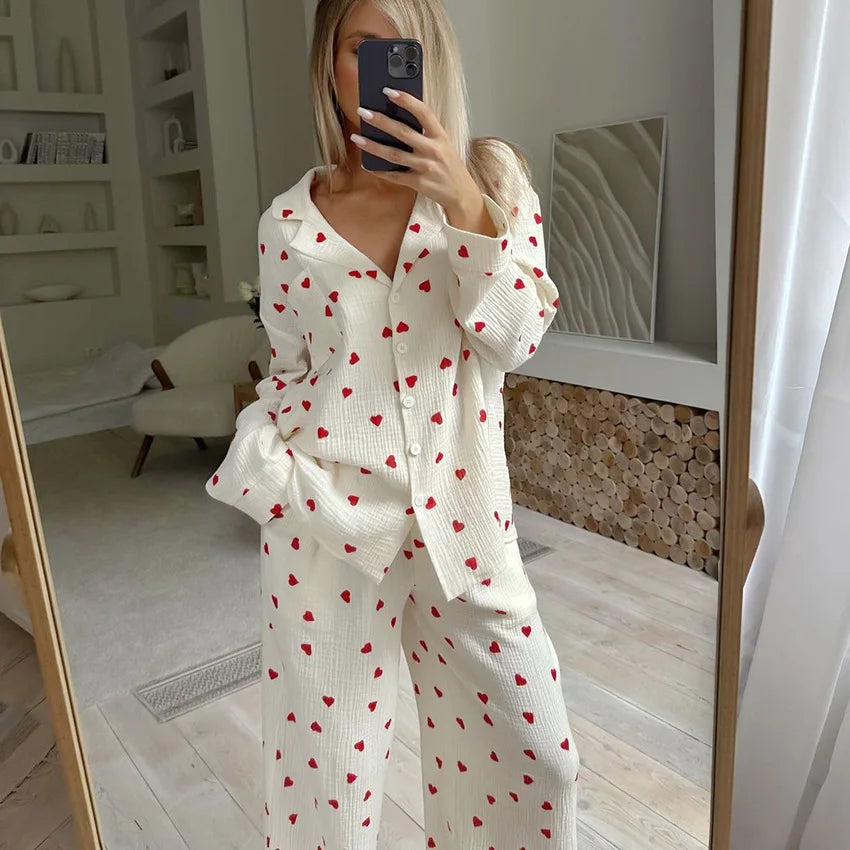 Baumwoll-Pyjama-Set mit Herzmuster – Langärmliges Schlafanzug-Set mit Knopfleiste