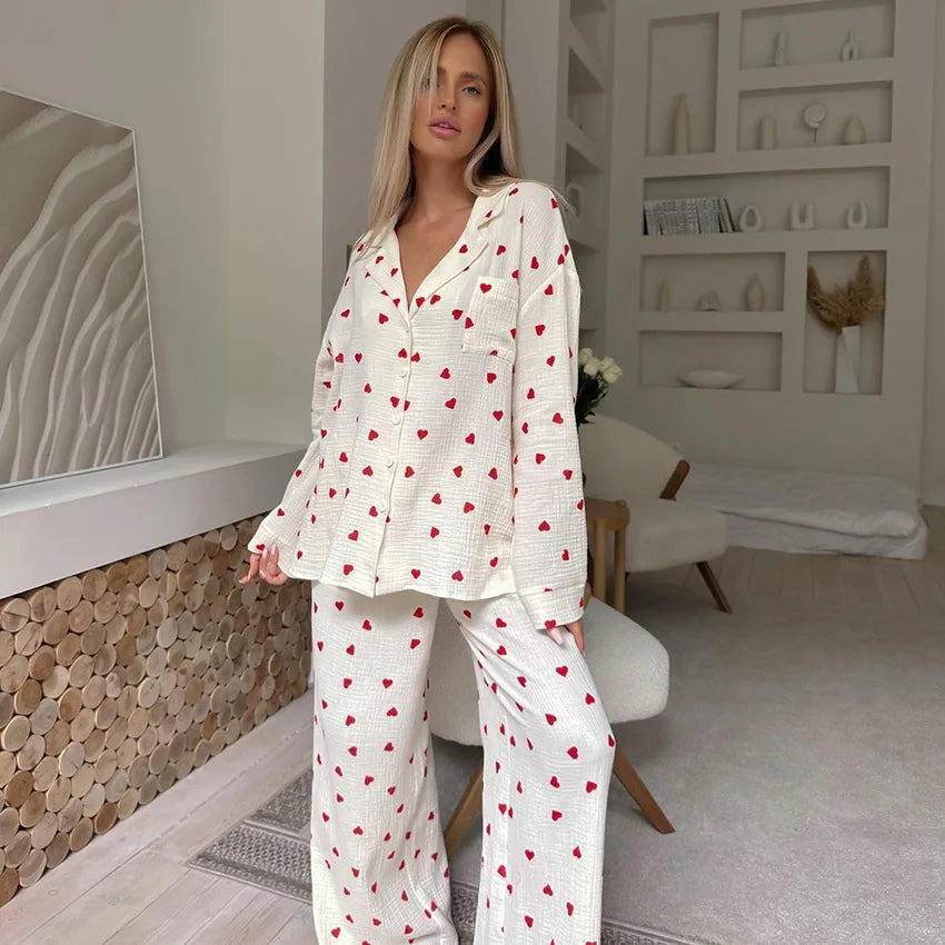 Baumwoll-Pyjama-Set mit Herzmuster – Langärmliges Schlafanzug-Set mit Knopfleiste