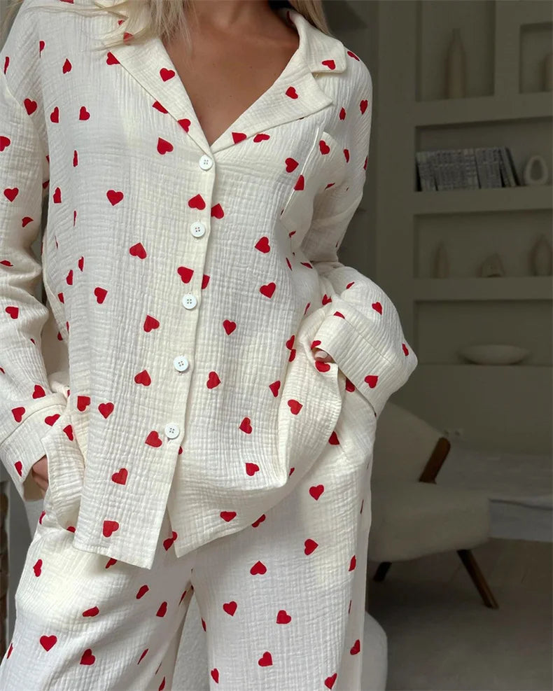 Baumwoll-Pyjama-Set mit Herzmuster – Langärmliges Schlafanzug-Set mit Knopfleiste
