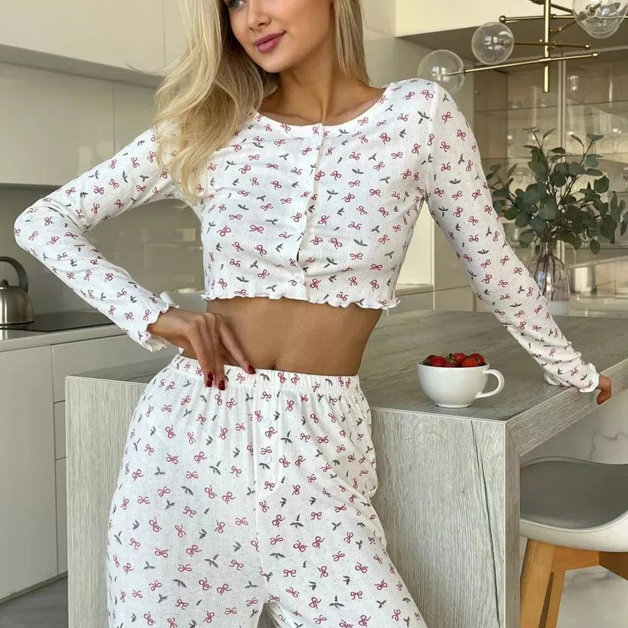 Damen-Pyjama-Set aus Feinstrick – Elegantes Homewear-Outfit mit Print und Schleifendetail