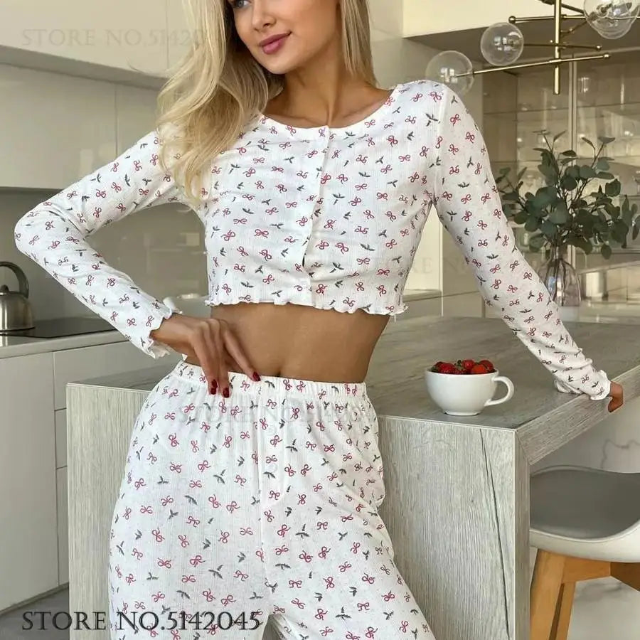 Damen-Pyjama-Set aus Feinstrick – Elegantes Homewear-Outfit mit Print und Schleifendetail