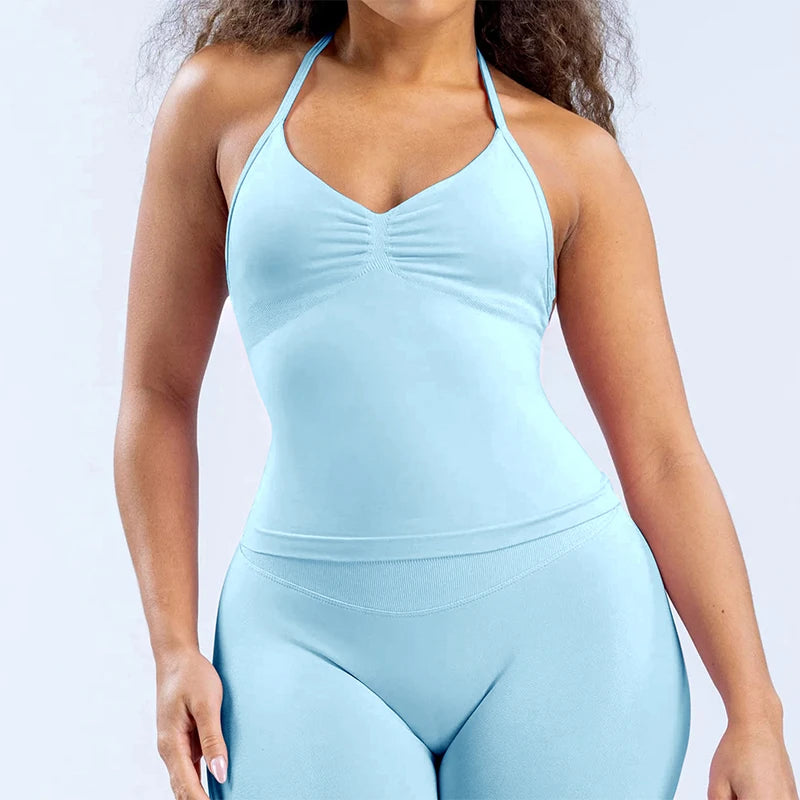 2-teiliges Impact Yoga Gym Set – Nahtlose High Waist Scrunch Shorts & Sexy Halter Tank Top