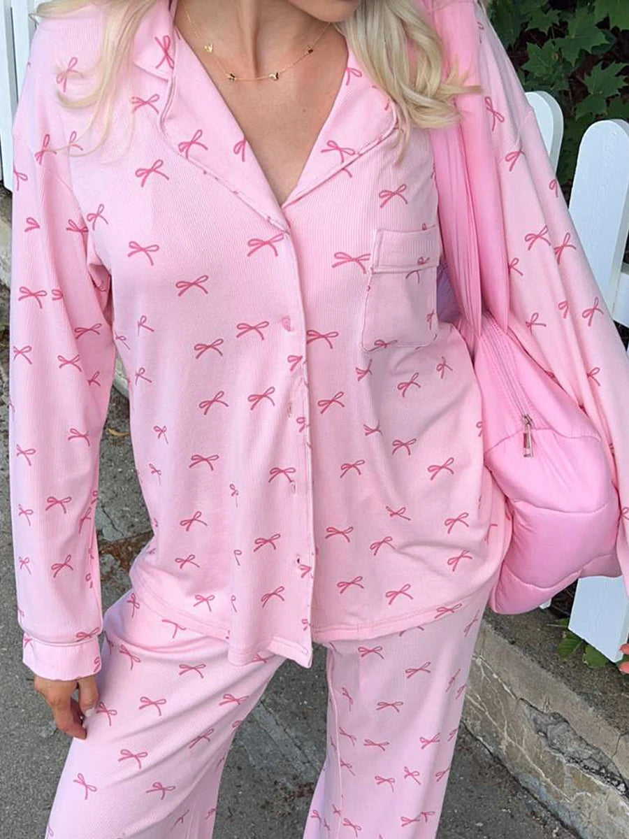Schleifen-Print-Pyjama-Set – Langarmshirt & Hose (2-teiliges Schlafanzug-Set)