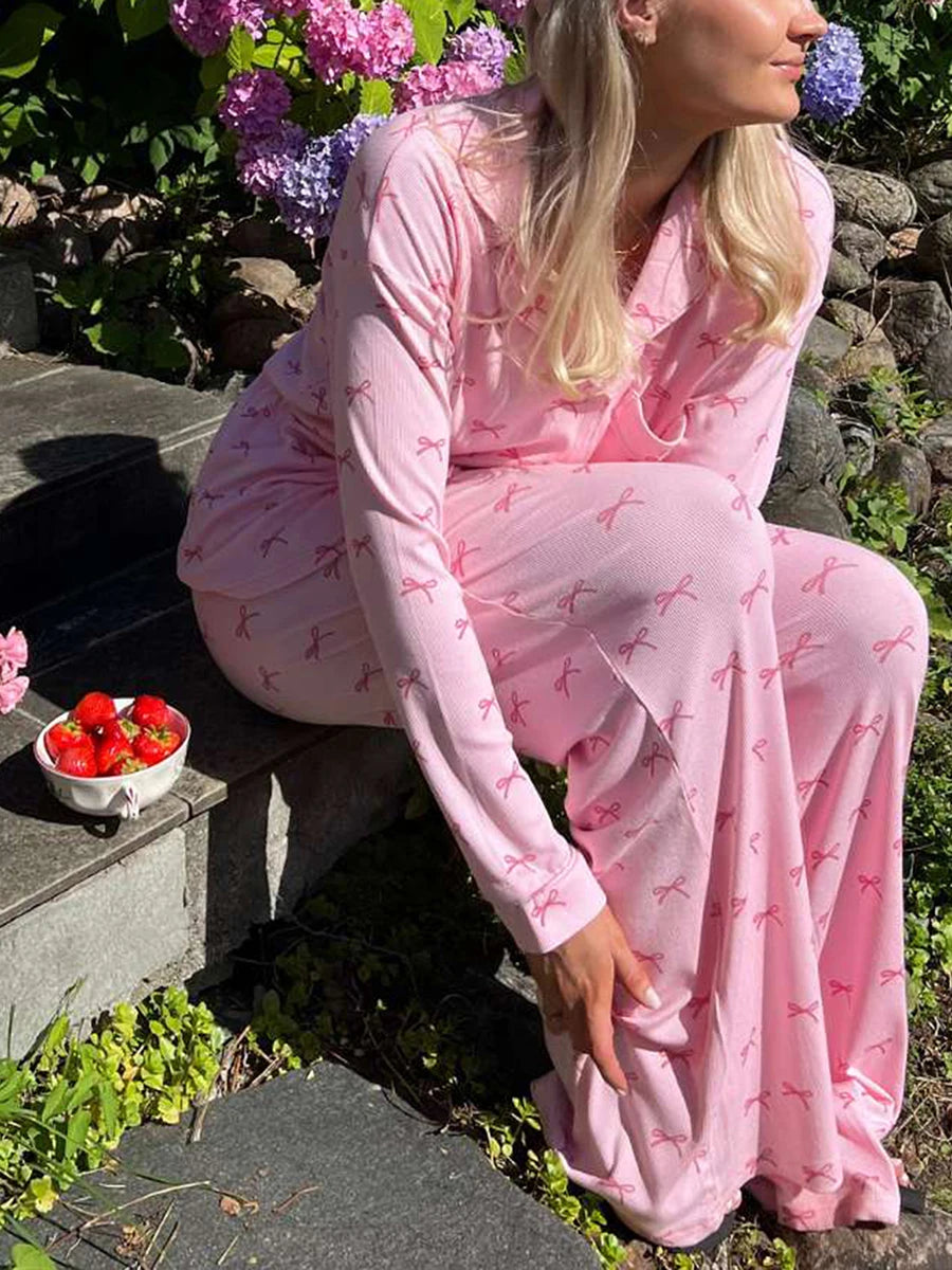 Schleifen-Print-Pyjama-Set – Langarmshirt & Hose (2-teiliges Schlafanzug-Set)